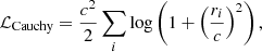 Mathematical equation: $$ \begin{aligned} \mathcal{L} _{\text{Cauchy}} = \frac{c^2}{2} \sum _i \log \left(1 + \left( \frac{r_i}{c} \right)^2 \right), \end{aligned} $$