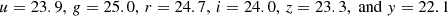 Mathematical equation: $$ \begin{aligned} u = 23.9,\, g = 25.0,\, r = 24.7,\, i = 24.0,\, z = 23.3, \;\mathrm{and}\; y = 22.1 \end{aligned} $$