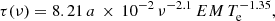Mathematical equation: $$ \begin{aligned} \tau (\nu ) = 8.21\, a\,\times \,10^{-2}\,\nu ^{-2.1}\,EM\,T_{\rm e}^{-1.35}, \end{aligned} $$