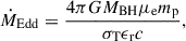 Mathematical equation: $$ \begin{aligned} \dot{M}_{\rm {Edd}} = \frac{4\pi G M_{\rm {BH}} \mu _{\rm e} m_{\rm p}}{\sigma _{\rm T} \epsilon _{\rm r} c}, \end{aligned} $$