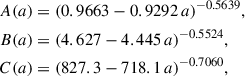 Mathematical equation: $$ \begin{aligned} \begin{aligned} A(a)&= (0.9663 - 0.9292\,a)^{-0.5639},\\ B(a)&= (4.627 - 4.445\,a)^{-0.5524},\\ C(a)&= (827.3 - 718.1\,a)^{-0.7060}, \end{aligned} \end{aligned} $$