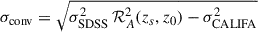 Mathematical equation: $$ \begin{aligned} \sigma _{\mathrm{conv} }=\sqrt{\sigma _{\mathrm{SDSS} }^2\,{\mathcal{R} }^2_A(z_s,z_0)-\sigma _{\mathrm{CALIFA} }^2} \end{aligned} $$
