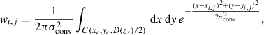 Mathematical equation: $$ \begin{aligned} w_{i,j}=\frac{1}{2\pi \sigma ^2_{\mathrm{conv} }}\int _{C(x_c,y_c,D(z_s)/2)}\,\mathrm{d}x\,\mathrm{d}y\,e^{-\frac{(x-x_{i,j})^2+(y-y_{i,j})^2}{2\sigma ^2_{\mathrm{conv} }}}, \end{aligned} $$