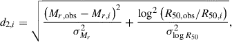 Mathematical equation: $$ \begin{aligned} d_{2,i} = \sqrt{\frac{\left(M_{r,\mathrm{obs} }-M_{r,i}\right)^2}{\sigma _{M_r}^2}+\frac{\log ^2 \left(R_{50,\mathrm{obs} }/R_{50,i}\right)}{\sigma ^2_{\log R_{50}}}}, \end{aligned} $$