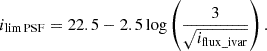 Mathematical equation: $$ \begin{aligned} {i}_{\mathrm{lim\,PSF}} = 22.5 -2.5 \log \left(\frac{3}{{\sqrt{{i}_{\mathrm{flux\_ivar}}}}}\right). \end{aligned} $$
