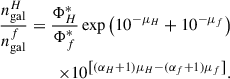 Mathematical equation: $$ \begin{aligned} \begin{split} \frac{n_{\rm gal}^H}{n_{\rm gal}^f} = \frac{\Phi ^*_H}{\Phi ^*_f}\exp \left(10^{-\mu _H} + 10^{-\mu _f}\right) \\ \qquad \qquad \times 10^{ \left[(\alpha _H+1)\mu _H - (\alpha _f+1)\mu _f\right] }. \end{split} \end{aligned} $$