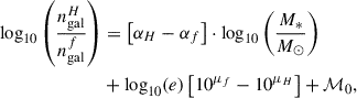 Mathematical equation: $$ \begin{aligned} \log _{10}\left(\frac{n_{\rm gal}^H}{n_{\rm gal}^f}\right)&= \left[\alpha _H - \alpha _f\right]\cdot \log _{10}\left(\frac{M_*}{M_\odot }\right)\\&+ \log _{10}(e)\left[10^{\mu _f} - 10^{\mu _H}\right] + \mathcal{M} _0, \end{aligned} $$