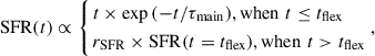 Mathematical equation: $$ \begin{aligned} \mathrm{SFR}(t) \propto \left\{ \begin{aligned}&t\times \exp {(-t/\tau _{\rm main})}, \mathrm{when} \,\, t\le t_{\rm flex} \\&r_{\mathrm{SFR}}\times \mathrm{SFR}(t=t_{\rm flex}), \mathrm{when} \,\, t>t_{\rm flex} \end{aligned} \right., \end{aligned} $$