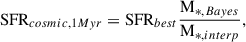 Mathematical equation: $$ \begin{aligned} \mathrm{SFR}_{cosmic,1Myr} = \mathrm{SFR}_{best} \frac{\mathrm{M}_{*, Bayes}}{\mathrm{M}_{*, interp}}, \end{aligned} $$