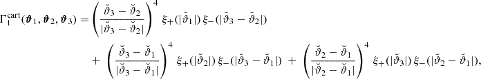 Mathematical equation: $$ \begin{aligned} \begin{split} \Gamma _{1}^\mathrm{cart} (\boldsymbol{\vartheta }_1,\boldsymbol{\vartheta }_2, \boldsymbol{\vartheta }_3) =&\left(\frac{\breve{\vartheta }_{3}-\breve{\vartheta }_{2}}{|\breve{\vartheta }_{3}-\breve{\vartheta }_{2}|}\right)^4\,\xi _+(|\breve{\vartheta }_{1}|)\, \xi _-(|\breve{\vartheta }_{3}-\breve{\vartheta }_{2}|) \\&+\ \left(\frac{\breve{\vartheta }_{3}-\breve{\vartheta }_{1}}{|\breve{\vartheta }_{3}-\breve{\vartheta }_{1}|}\right)^4\,\xi _+(|\breve{\vartheta }_{2}|)\, \xi _-(|\breve{\vartheta }_{3}-\breve{\vartheta }_{1}|)\ +\ \left(\frac{\breve{\vartheta }_{2}-\breve{\vartheta }_{1}}{|\breve{\vartheta }_{2}-\breve{\vartheta }_{1}|}\right)^4\,\xi _+(|\breve{\vartheta }_{3}|)\, \xi _-(|\breve{\vartheta }_{2}-\breve{\vartheta }_{1}|), \end{split} \end{aligned} $$