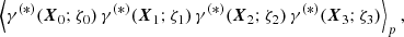 Mathematical equation: $$ \begin{aligned} \left< \gamma ^{(*)}(\boldsymbol{X}_{0};\zeta _0)\, \gamma ^{(*)}(\boldsymbol{X}_{1};\zeta _1)\, \gamma ^{(*)}(\boldsymbol{X}_{2};\zeta _2)\, \gamma ^{(*)}(\boldsymbol{X}_{3};\zeta _3)\right>_p, \end{aligned} $$