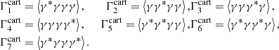 Mathematical equation: $$ \begin{aligned}&\Gamma _{1}^{\mathrm{cart} }= \left< \gamma ^*\gamma \gamma \gamma \right>,&\Gamma _{2}^{\mathrm{cart} }= \left< \gamma \gamma ^*\gamma \gamma \right>,&\Gamma _{3}^{\mathrm{cart} }= \left< \gamma \gamma \gamma ^*\gamma \right>,\nonumber \\&\Gamma _{4}^{\mathrm{cart} }= \left< \gamma \gamma \gamma \gamma ^*\right>,&\Gamma _{5}^{\mathrm{cart} }= \left< \gamma ^*\gamma ^*\gamma \gamma \right>,&\Gamma _{6}^{\mathrm{cart} }= \left< \gamma ^*\gamma \gamma ^*\gamma \right>,\\&\Gamma _{7}^{\mathrm{cart} }= \left< \gamma ^*\gamma \gamma \gamma ^*\right>\nonumber . \end{aligned} $$