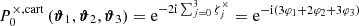 Mathematical equation: $$ \begin{aligned} P_{0}^{\times ,\mathrm{cart} }\left(\boldsymbol{\vartheta }_1, \boldsymbol{\vartheta }_2, \boldsymbol{\vartheta }_3\right)&= \mathrm{e} ^{-2\mathrm{i} \sum _{j = 0}^3 \zeta ^{\times }_j} = \mathrm{e} ^{-\mathrm{i} \left(3\varphi _1+2\varphi _2 +3 \varphi _3\right)} \end{aligned} $$