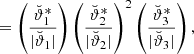 Mathematical equation: $$ \begin{aligned}&=\left(\frac{\breve{\vartheta }_1^*}{|\breve{\vartheta }_1|}\right)\left(\frac{\breve{\vartheta }_2^*}{|\breve{\vartheta }_{2}|}\right)^2\left(\frac{\breve{\vartheta }_{3}^*}{|\breve{\vartheta }_{3}|}\right), \end{aligned} $$