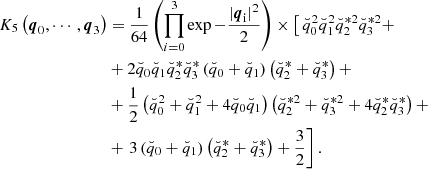 Mathematical equation: $$ \begin{aligned} K_5\left(\boldsymbol{{q}}_{\rm 0},\cdots ,\boldsymbol{{q}}_{\rm 3}\right)&=\frac{1}{64} \left(\prod _{i = 0}^3\exp {-\frac{|\boldsymbol{{q}}_{\rm i}|^2}{2}}\right)\times \left[\,\breve{{q}}_{\rm 0}^{2}\breve{{q}}_{\rm 1}^{2}\breve{{q}}_{\rm 2}^{*2}\breve{{q}}_{\rm 3}^{*2}+ \right.\nonumber \\&+2\breve{{q}}_{\rm 0}\breve{{q}}_{\rm 1}\breve{{q}}_{\rm 2}^*\breve{{q}}_{\rm 3}^*\left(\breve{{q}}_{\rm 0}+\breve{{q}}_{\rm 1}\right)\left(\breve{{q}}_{\rm 2}^*+\breve{{q}}_{\rm 3}^*\right) +\nonumber \\&+\frac{1}{2}\left(\breve{{q}}_{\rm 0}^{2}+\breve{{q}}_{\rm 1}^{2}+4\breve{{q}}_{\rm 0}\breve{{q}}_{\rm 1}\right) \left(\breve{{q}}_{\rm 2}^{*2}+\breve{{q}}_{\rm 3}^{*2}+4\breve{{q}}_{\rm 2}^*\breve{{q}}_{\rm 3}^*\right) +\nonumber \\&+\left. 3\left(\breve{{q}}_{\rm 0}+\breve{{q}}_{\rm 1}\right)\left(\breve{{q}}_{\rm 2}^*+\breve{{q}}_{\rm 3}^*\right) +\frac{3}{2} \right]. \end{aligned} $$