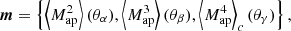 Mathematical equation: $$ \begin{aligned} \boldsymbol{m} = \left\{ \left\langle M_\mathrm{ap} ^2\right\rangle (\theta _\alpha ),\left\langle M_\mathrm{ap} ^3\right\rangle (\theta _\beta ),\left\langle M_\mathrm{ap} ^4\right\rangle _c(\theta _\gamma )\right\} , \end{aligned} $$