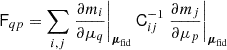 Mathematical equation: $$ \begin{aligned} \mathsf{F }_{qp} = \sum _{i,j} \left.\frac{\partial m_i}{\partial \mu _q}\right|_{\boldsymbol{\mu }_\mathrm{fid} } \mathsf{C }_{ij}^{-1} \left.\frac{\partial m_j}{\partial \mu _p}\right|_{\boldsymbol{\mu }_\mathrm{fid} } \end{aligned} $$