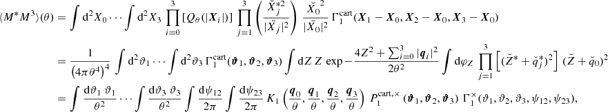 Mathematical equation: $$ \begin{aligned} \langle M^*M^3\rangle (\theta )&=\int \mathrm{d}^2 X_0 \cdots \int \mathrm{d}^2 X_3\,\prod _{i = 0}^3 \left[ Q_\theta (|\boldsymbol{X}_{i}|) \right]\,\prod _{j = 1}^3 \left(\frac{\breve{X}_j^{*2}}{|\breve{X_j}|^2} \right)\,\frac{\breve{X_0}^2}{|\breve{X_0}|^2}\, \Gamma _{1}^\mathrm{cart} (\boldsymbol{X}_{1}-\boldsymbol{X}_{0},\boldsymbol{X}_{2}-\boldsymbol{X}_{0},\boldsymbol{X}_{3}-\boldsymbol{X}_{0}) \nonumber \\&=\frac{1}{\left(4\pi \theta ^4\right)^4}\, \int \mathrm{d}^2 \vartheta _1 \cdots \int \mathrm{d}^2 \vartheta _3 \,\Gamma _{1}^\mathrm{cart} (\boldsymbol{\vartheta }_1,\boldsymbol{\vartheta }_2,\boldsymbol{\vartheta }_3) \int \mathrm{d}Z\,Z\, \exp {-\frac{4Z^2+\sum _{i = 0}^3|\boldsymbol{q}_{i}|^2}{2\theta ^2}} \int \mathrm{d}\varphi _Z\, \prod _{j = 1}^3\left[(\breve{Z}^*+\breve{q}_{j}^*)^2\right]\,(\breve{Z}+\breve{q}_{0})^2 \nonumber \\&= \int \frac{\mathrm{d}\vartheta _1 \ \vartheta _1}{\theta ^2} \cdots \int \frac{\mathrm{d}\vartheta _3 \ \vartheta _3}{\theta ^2} \int \frac{\mathrm{d}\psi _{12}}{2\pi } \int \frac{\mathrm{d}\psi _{23}}{2\pi }\, K_1\left(\frac{\boldsymbol{q}_{0}}{\theta },\frac{\boldsymbol{q}_{1}}{\theta },\frac{\boldsymbol{q}_{2}}{\theta },\frac{\boldsymbol{q}_{3}}{\theta }\right)\, P_{1}^{\mathrm{cart} ,\times }\left(\boldsymbol{\vartheta }_1, \boldsymbol{\vartheta }_2, \boldsymbol{\vartheta }_3\right)\,\Gamma _{1}^\times (\vartheta _1, \vartheta _2, \vartheta _3 , \psi _{12},\psi _{23}), \end{aligned} $$