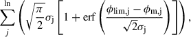 Mathematical equation: $$ \begin{aligned} \sum _j^ \ln \left( \sqrt{\frac{\pi }{2}}\sigma _{\rm j} \left[1+\text{ erf}\left(\frac{\phi _{\rm lim,j}-\phi _{\rm m,j}}{\sqrt{2} \sigma _{\rm j}}\right) \right] \right), \end{aligned} $$