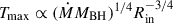 Mathematical equation: $ T_{\max} \propto (\dot{M} M_{\mathrm{BH}})^{1/4} R_{\mathrm{in}}^{-3/4} $