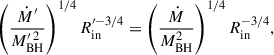 Mathematical equation: $$ \begin{aligned} \left(\frac{\dot{M}^{\prime }}{M_{\rm BH}^{\prime \,2}}\right)^{1/4} R_{\rm in}^{\prime -3/4}&=\left(\frac{\dot{M}}{M_{\rm BH}^{2}}\right)^{1/4} R_{\rm in}^{-3/4}, \end{aligned} $$