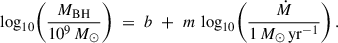 Mathematical equation: $$ \begin{aligned} \log _{10}\!\left(\frac{M_{\mathrm{BH}}}{10^{9}\,M_\odot }\right) \;=\; b \;+\; m\,\log _{10}\!\left(\frac{\dot{M}}{1\,M_\odot \,\mathrm{yr}^{-1}}\right). \end{aligned} $$