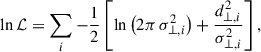 Mathematical equation: $$ \begin{aligned} \ln \mathcal{L} = \sum _i -\frac{1}{2} \left[ \ln \left(2\pi \, \sigma _{\perp ,i}^2 \right) + \frac{d_{\perp ,i}^2}{\sigma _{\perp ,i}^2} \right], \end{aligned} $$