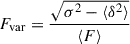 Mathematical equation: $$ \begin{aligned} F_{\rm var} = \frac{\sqrt{\sigma ^2 - \langle \delta ^2 \rangle }}{\langle F \rangle } \end{aligned} $$
