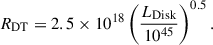 Mathematical equation: $$ \begin{aligned} R_{\rm DT}& = 2.5\times 10^{18}\left(\frac{L_{\rm Disk}}{10^{45}}\right)^{0.5}. \end{aligned} $$