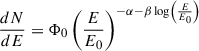 Mathematical equation: $$ \begin{aligned} \frac{dN}{dE} = \Phi _{0} \left( \frac{E}{E_{0}} \right)^{-\alpha - \beta \log \left( \frac{E}{E_{0}} \right)} \end{aligned} $$