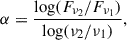 Mathematical equation: $$ \begin{aligned} \alpha = \frac{\log (F_{\nu _2}/F_{\nu _1})}{\log (\nu _2 / \nu _1)}, \end{aligned} $$