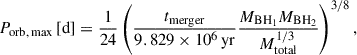 Mathematical equation: $$ \begin{aligned} P_{\rm {orb,\,max}}\, [\mathrm{d} ] = \frac{1}{24}\left( \frac{t_{\rm {merger}}}{9.829 \times 10^{6} \, \mathrm{{yr}}} \frac{M_{\rm {BH}_1} M_{\rm {BH}_2}}{M_{\rm {total}}^{1/3}} \right)^{3/8}, \end{aligned} $$