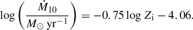 Mathematical equation: $$ \begin{aligned} \log \left(\frac{\dot{M}_{10}}{M_\odot \,\mathrm {yr}^{-1}}\right) =-0.75 \log Z_{\rm i}-4.06. \end{aligned} $$