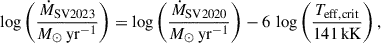 Mathematical equation: $$ \begin{aligned} \log \left(\frac{\dot{M}_{\rm {SV2023}}}{M_\odot \,\mathrm {yr}^{-1}}\right) = \log \left(\frac{\dot{M}_{\rm {SV2020}}}{M_\odot \,\mathrm {yr}^{-1}}\right) - 6\, \log \left(\frac{T_{\rm {eff,crit}}}{\mathrm{{141\,kK}}}\right), \end{aligned} $$