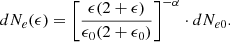 Mathematical equation: $$ \begin{aligned} dN_{e}(\epsilon ) = \left[\frac{\epsilon (2+\epsilon )}{\epsilon _{0}(2+\epsilon _{0})} \right]^{-\alpha } \cdot dN_{e0}. \end{aligned} $$