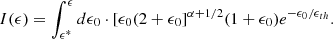 Mathematical equation: $$ \begin{aligned} I(\epsilon ) = \int _{\epsilon ^{*}}^{\epsilon } d\epsilon _{0} \cdot [\epsilon _{0}(2+\epsilon _{0}]^{\alpha +1/2} (1+\epsilon _{0}) e^{-\epsilon _{0}/\epsilon _{th}}. \end{aligned} $$