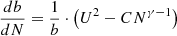 Mathematical equation: $$ \begin{aligned} \frac{db}{dN} = \frac{1}{b} \cdot \left( U^{2} - C N^{\gamma -1} \right) \end{aligned} $$