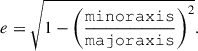 Mathematical equation: $$ \begin{aligned} e = \sqrt{1-\left(\frac{\mathtt{minor axis }}{\mathtt{major axis }}\right)^2}. \end{aligned} $$