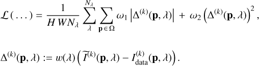 Mathematical equation: $\[\begin{aligned}& \mathcal{L}(\ldots)=\frac{1}{H ~W ~N_\lambda} \sum_\lambda^{N_\lambda} \sum_{\mathbf{p} ~\in~ \Omega} \omega_1\left|\Delta^{(k)}(\mathbf{p}, \lambda)\right|+\omega_2\left(\Delta^{(k)}(\mathbf{p}, \lambda)\right)^2, \\& \Delta^{(k)}(\mathbf{p}, \lambda):=w(\lambda)\left(\widetilde{I}^{(k)}(\mathbf{p}, \lambda)-I_{\mathrm{data}}^{(k)}(\mathbf{p}, \lambda)\right).\end{aligned}\]$