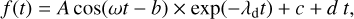 Mathematical equation: $\[f(t)=A ~\cos (\omega t-b) \times \exp \left(-\lambda_{\mathrm{d}} t\right)+c+d ~t,\]$