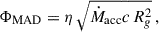 Mathematical equation: $$ \begin{aligned} \Phi _{\rm MAD} = \eta \, \sqrt{\dot{M}_{\rm acc} c \, R_g^2} \, , \end{aligned} $$