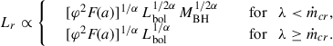 Mathematical equation: $$ \begin{aligned} L_r\propto {\left\{ \begin{array}{ll} \quad [\varphi ^2 F\!(a)]^{1/\alpha }\,L_\mathrm{bol} ^{1/2\alpha }\,M_\mathrm{BH} ^{1/2\alpha }&\quad \text{ for} \quad \lambda < \dot{m}_{cr}, \\ \quad [\varphi ^2F\!(a)]^{1/\alpha }\,L_\mathrm{bol} ^{1/\alpha }&\quad \text{ for} \quad \lambda \ge \dot{m}_{cr}. \end{array}\right.} \end{aligned} $$