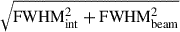 Mathematical equation: $ \sqrt{\hbox{FWHM}_{\mathrm{int}}^2+\hbox{FWHM}_{\mathrm{beam}}^2} $
