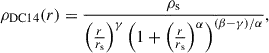 Mathematical equation: $$ \begin{aligned} \rho _{\rm {DC14}}(r) = \frac{\rho _{\rm {s}}}{\left(\frac{r}{r_{\rm {s}}} \right)^{\gamma }\left(1+\left(\frac{r}{r_{\rm {s}}} \right)^{\alpha }\right)^{(\beta -\gamma )/\alpha }}, \end{aligned} $$