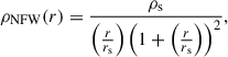 Mathematical equation: $$ \begin{aligned} \rho _{\rm {NFW}}(r) = \frac{\rho _{\rm {s}}}{\left(\frac{r}{r_{\rm {s}}}\right)\left(1+\left(\frac{r}{r_{\rm {s}}}\right)\right)^{2}}, \end{aligned} $$