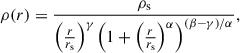 Mathematical equation: $$ \begin{aligned} \rho (r) = \frac{\rho _{\rm {s}}}{\left(\frac{r}{r_{\rm {s}}} \right)^{\gamma }\left(1+\left(\frac{r}{r_{\rm {s}}} \right)^{\alpha }\right)^{(\beta -\gamma )/\alpha }}, \end{aligned} $$