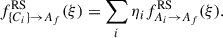 Mathematical equation: $$ \begin{aligned} f^{\mathrm{RS} }_{\{C_i\} \rightarrow A_f}(\xi ) = \sum _i \eta _i f^{\mathrm{RS} }_{A_i \rightarrow A_f}(\xi ) . \end{aligned} $$