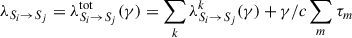 Mathematical equation: $$ \begin{aligned} \lambda _{S_i \rightarrow S_j} = \lambda ^{\mathrm{tot} }_{S_i \rightarrow S_j}(\gamma ) = \sum _k \lambda ^k_{S_i \rightarrow S_j} (\gamma ) + \gamma /c \sum _m \tau _m \end{aligned} $$