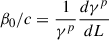 Mathematical equation: $ \beta_0 / c = \frac{1}{\gamma^p}\frac{d\gamma^p}{dL} $