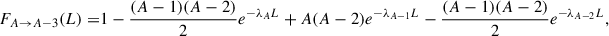 Mathematical equation: $$ \begin{aligned} F_{A \rightarrow A-3} (L) =&1 - \frac{(A-1)(A-2)}{2}e^{-\lambda _A L} + A(A-2)e^{-\lambda _{A-1} L} - \frac{(A-1)(A-2)}{2}e^{-\lambda _{A-2}L},\end{aligned} $$